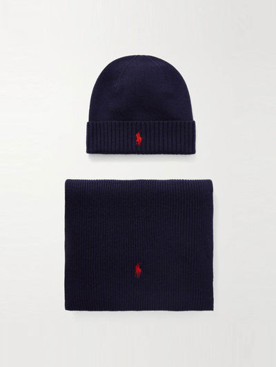 Polo Ralph Lauren Logo-embroidered ribbed wool scarf and beanie set at Collagerie