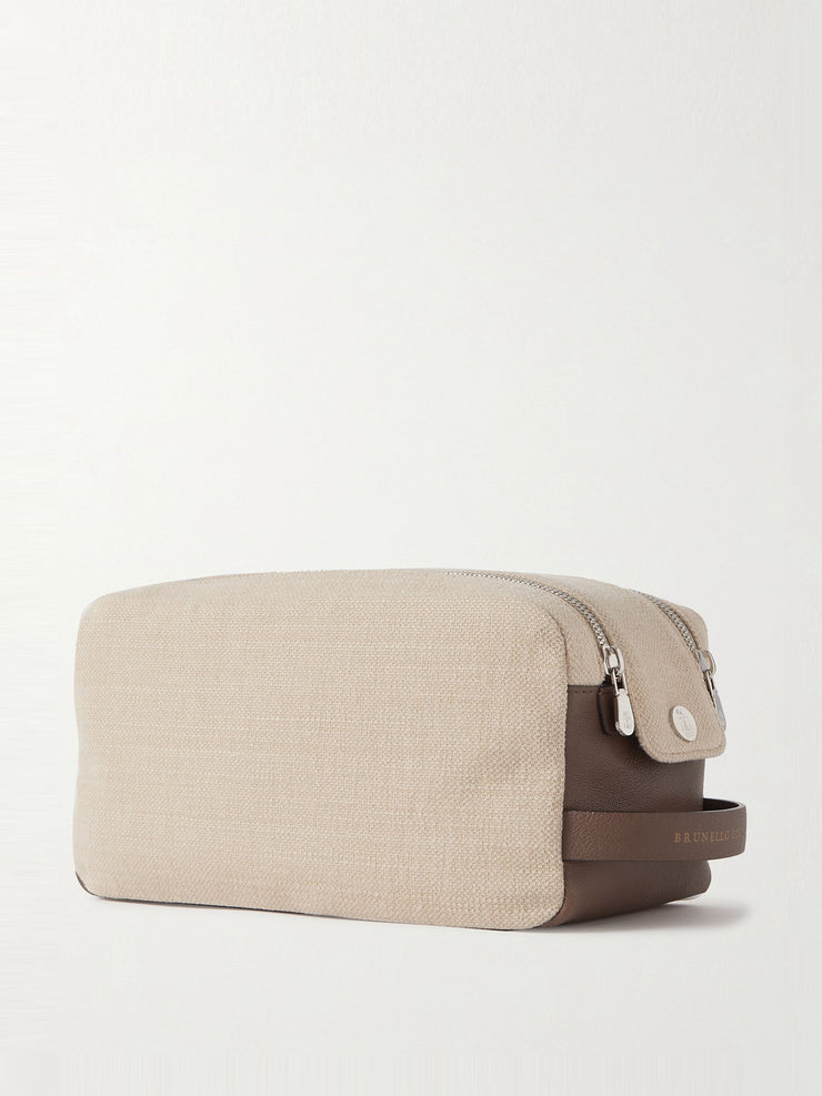 Leather-trimmed cotton and linen-blend wash bag Wash Bag Brunello Cucinelli    - Collagerie