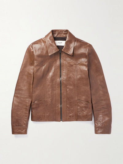 Celine Homme Brown slim-fit leather jacket at Collagerie