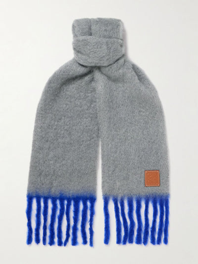 Loewe Fringed leather-trimmed two-tone mohair-blend scarf at Collagerie