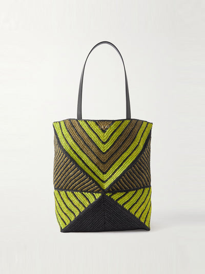 Loewe + Paula’s Ibiza Puzzle Fold large leather-trimmed raffia tote bag at Collagerie