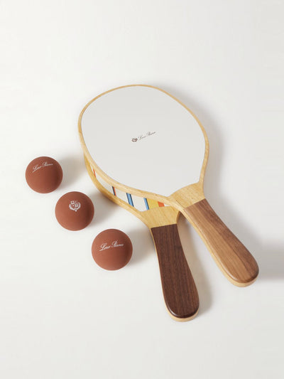Loro Piana Logo-print leather-trimmed wooden beach bat and ball set at Collagerie