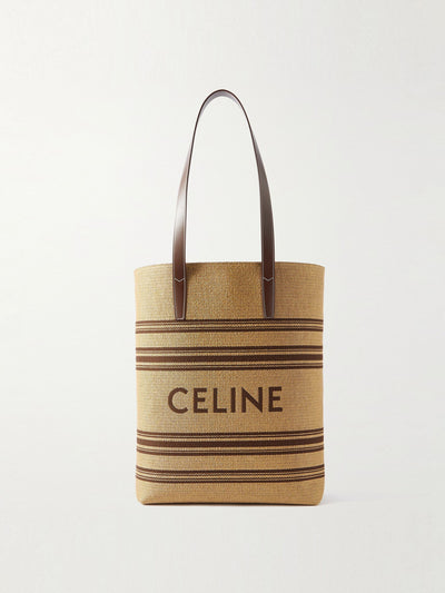 Celine Homme Striped logo-embroidered leather-trimmed raffia tote at Collagerie