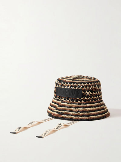 Loewe Paula'S Ibiza Leather and webbing-trimmed striped raffia bucket hat at Collagerie