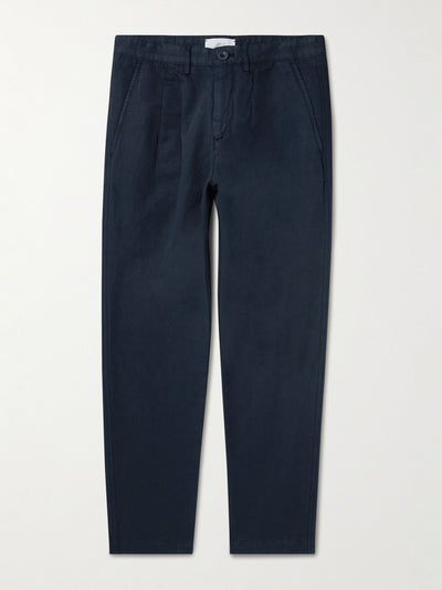 Mr P. Navy pleated cotton and linen-blend trousers at Collagerie