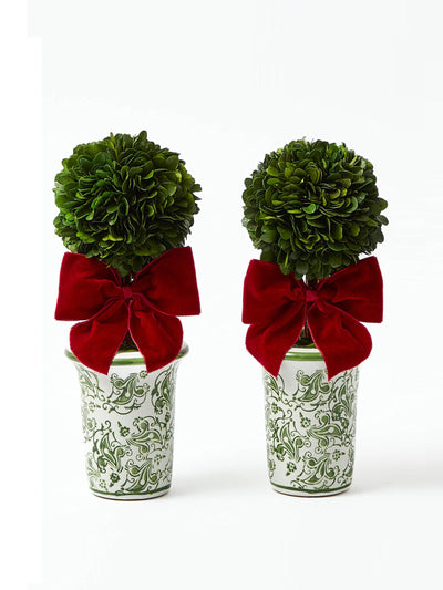 Mrs. Alice Red ribboned green chinoiserie potted boxwood trees (set of 2) at Collagerie