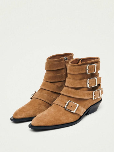Alohas Suede buckle cuban heel pointed ankle boots at Collagerie