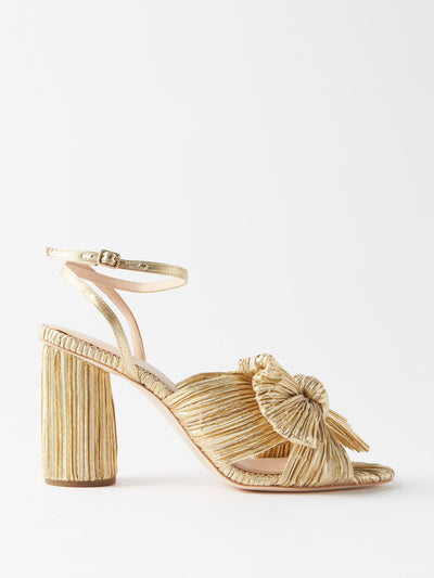 Loeffler Randall Gold bow-tie pleated-lamé sandals at Collagerie