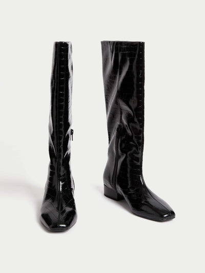 Marks & Spencer Patent croc block heel knee high boots at Collagerie