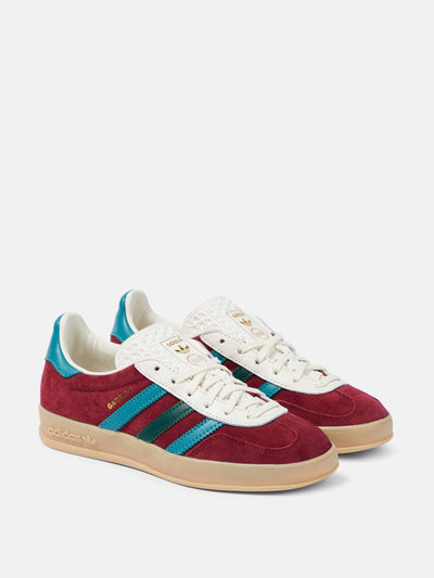 Adidas Burgundy suede trainers with blue stripes at Collagerie