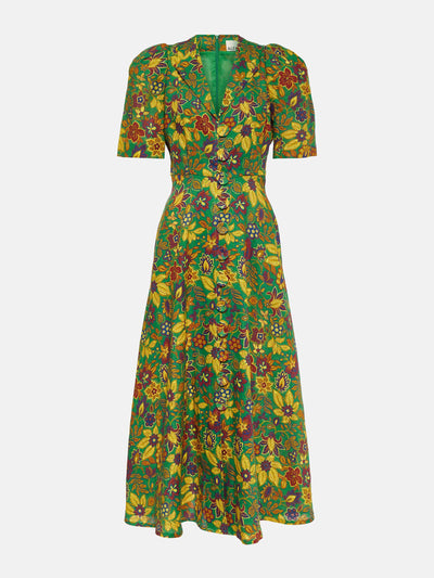 Alémais Green floral linen midi dress at Collagerie