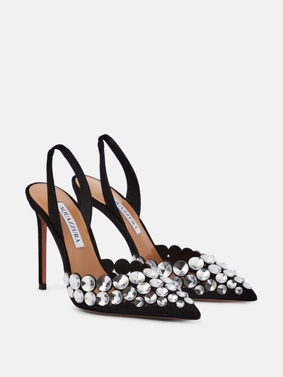 Aquazzura Black suede embellished slingback pumps at Collagerie