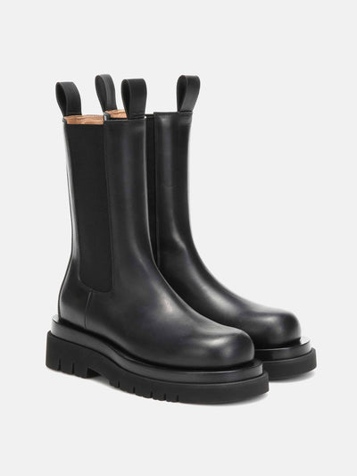 Bottega Veneta Lug leather ankle black boots at Collagerie