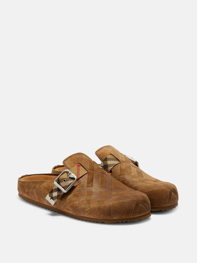 Burberry Checked suede clogs at Collagerie
