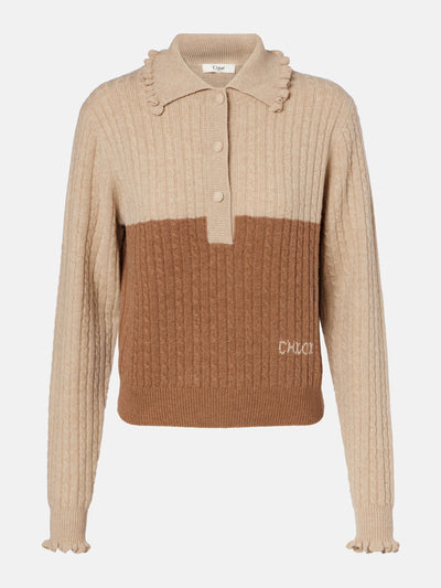 Chloé Cable-knit ruffled wool and cashmere polo sweater at Collagerie