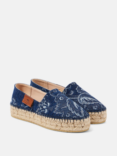 Etro Paisley denim jacquard platform espadrilles at Collagerie