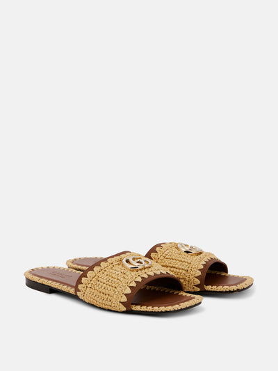 Gucci Double G leather and raffia slides at Collagerie