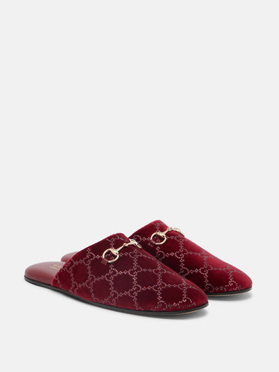 Gucci Lucy GG Crystal velvet mules at Collagerie