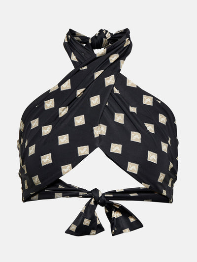 Johanna Ortiz Black printed halterneck cutout bikini top at Collagerie