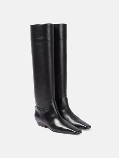 Khaite Black leather knee-high square-toe boots at Collagerie