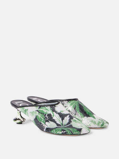 Loewe Toy 45 floral sequined mesh mules at Collagerie