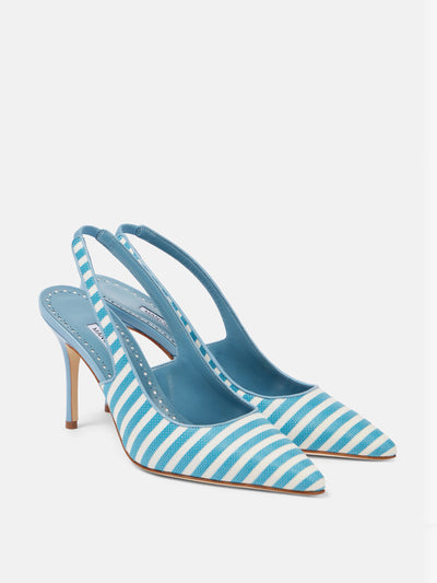 Manolo Blahnik Allurafia 90 striped slingback pumps at Collagerie