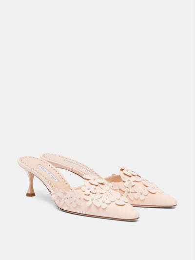 Manolo Blahnik Harnes 50 floral-appliqué leather mules at Collagerie