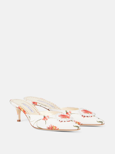 Manolo Blahnik Kifatmu 50 floral embellished satin mules at Collagerie