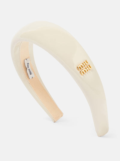 Miu Miu Bridal logo patent leather headband at Collagerie