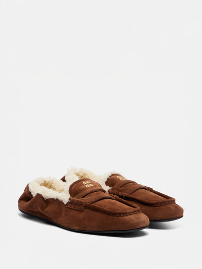 Miu Miu Ruches shearling-lined suede penny loafers at Collagerie