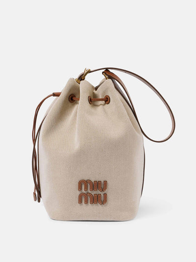 Miu Miu Logo leather-trimmed bucket bag at Collagerie