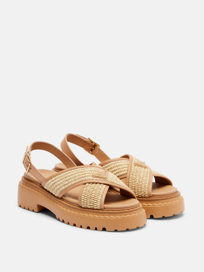 Prada Logo crochet and leather platform sandals at Collagerie