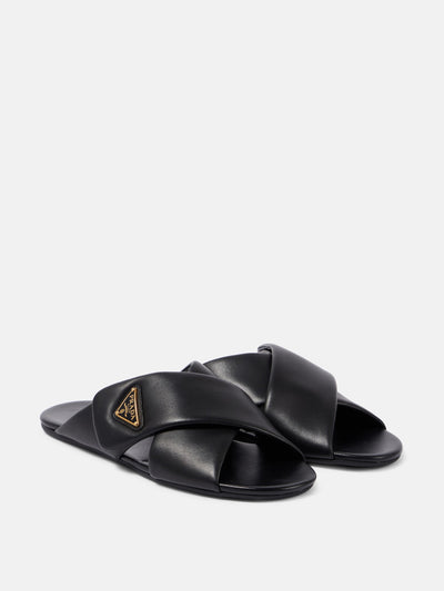 Prada Logo leather slides at Collagerie