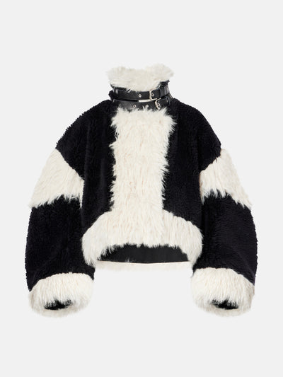 Sacai Oversized faux fur-trimmed wool jacket at Collagerie