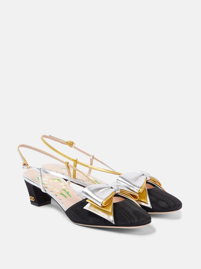 Valentino Garavani Bowow 45 moiré and leather slingback pumps at Collagerie