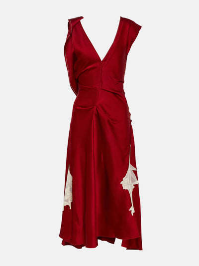 Victoria Beckham Red lace-trimmed draped satin midi dress at Collagerie