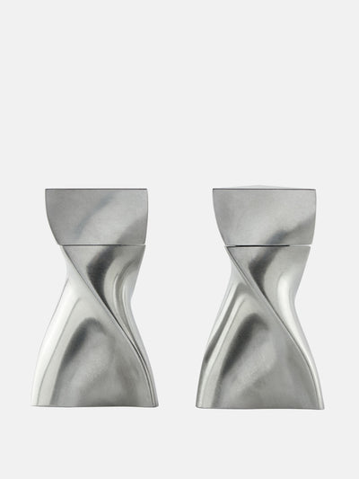 Zaha Hadid Design Duo metallic salt and pepper grinders at Collagerie