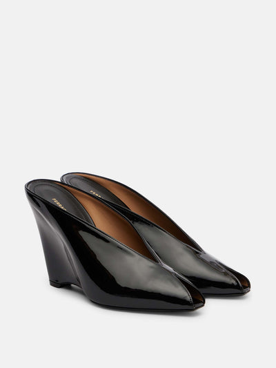 Ferragamo Alicia 95 patent leather wedge mules at Collagerie