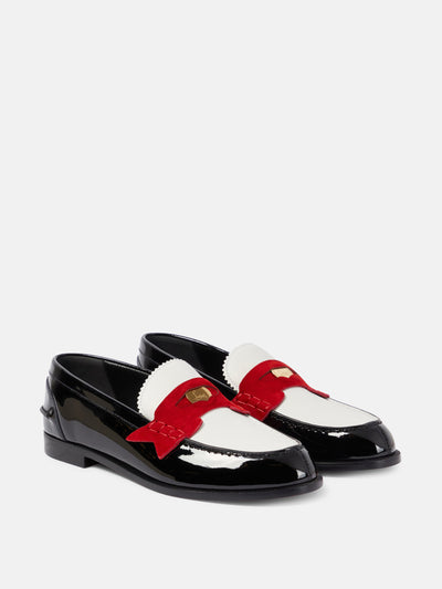 Christian Louboutin Penny suede-trimmed patent leather penny loafers at Collagerie