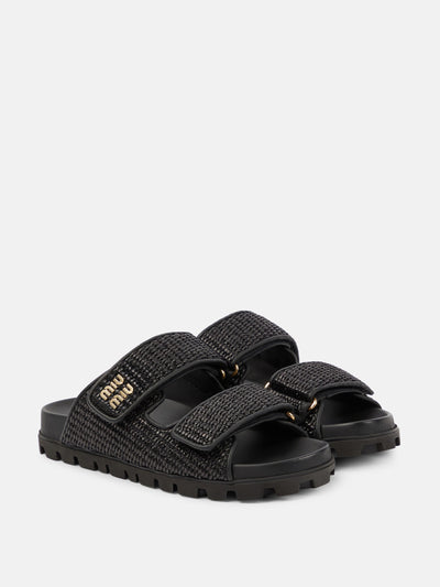 Miu Miu Logo raffia-effect sandals at Collagerie