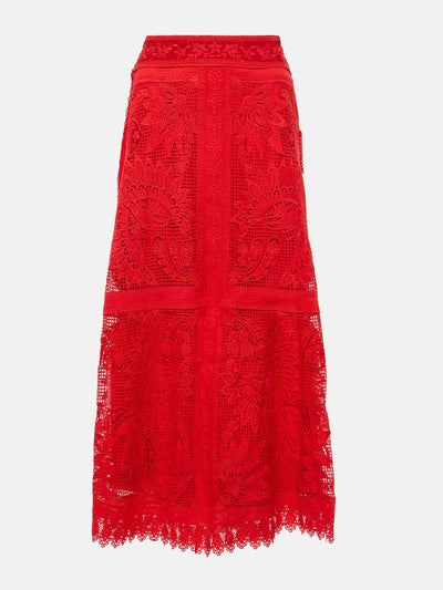 Farm Rio Red Toucan guipure lace midi skirt at Collagerie