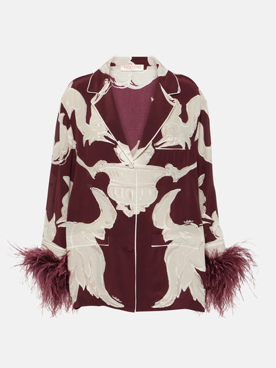 Valentino Printed feather-trimmed silk crêpe de chine blouse at Collagerie