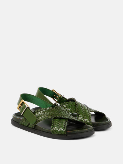 The Row Buckle woven leather slingback sandals at Collagerie