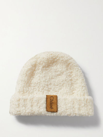 Chloé Appliquéd bouclé-knit wool beanie at Collagerie