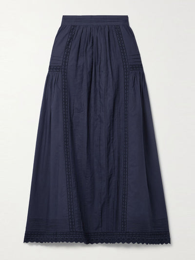 Doen Navy broderie anglaise-trimmed pintucked organic cotton-poplin midi skirt at Collagerie