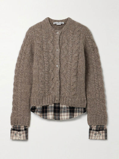 Acne Studios Layered cable-knit and checked cotton-flannel cardigan at Collagerie