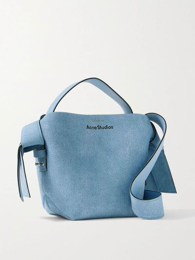 Acne Studios Blue mini knotted printed suede shoulder bag at Collagerie