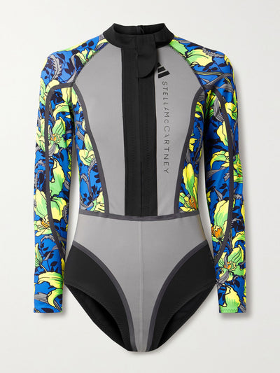 Adidas By Stella Mccartney Paneled long sleeved floral-print swimsuit at Collagerie