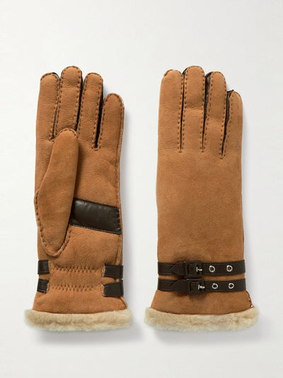 Agnelle Bombera buckled leather-trimmed shearling gloves at Collagerie