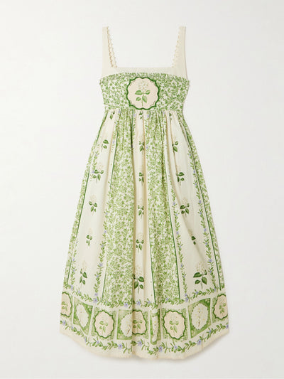 Agua By Agua Bendita Barbara pleated bead-embellished floral-print linen midi dress at Collagerie